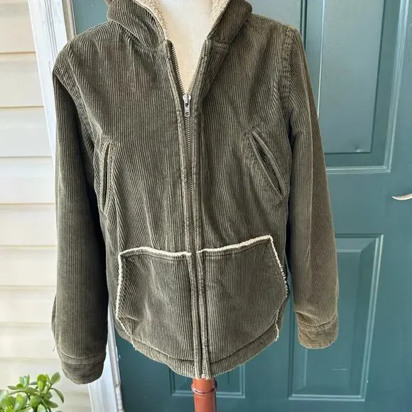 Vintage J. Crew Heavy Corduroy Sherpa Barn Jacket Sz M Olive Convertible Hood - Picture 8 of 9